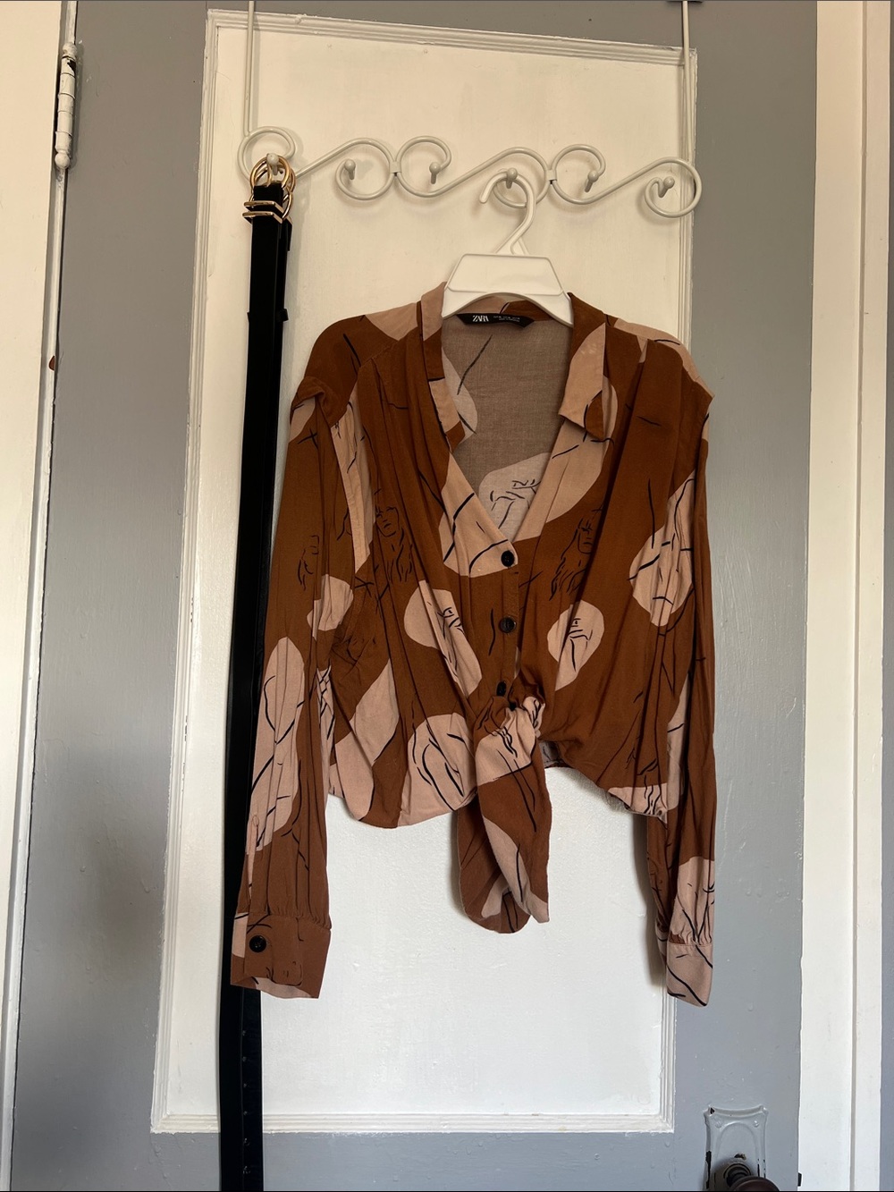 ZARA Brown & Cream Abstract Tie-Front Button-Down Shirt